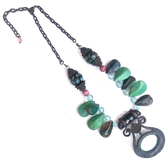 VTG Boho Turquoise Verdigres Brass Teardrop Neckla - Picture 7 of 8